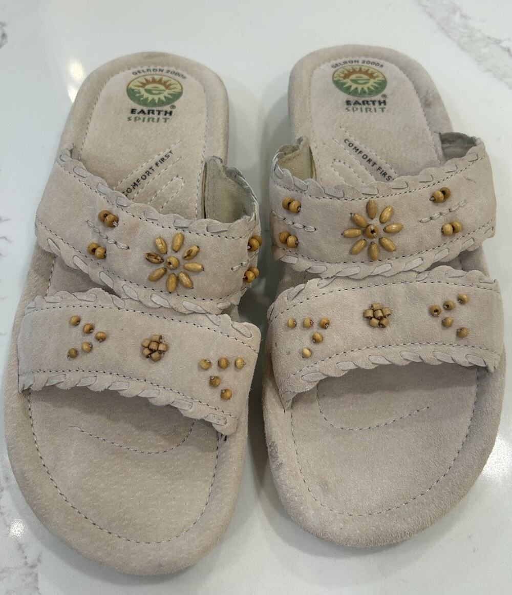 Earth Spirit Willow Sandals Women Sz 9.5 Tan Beaded Leather Slides Boho Comfort